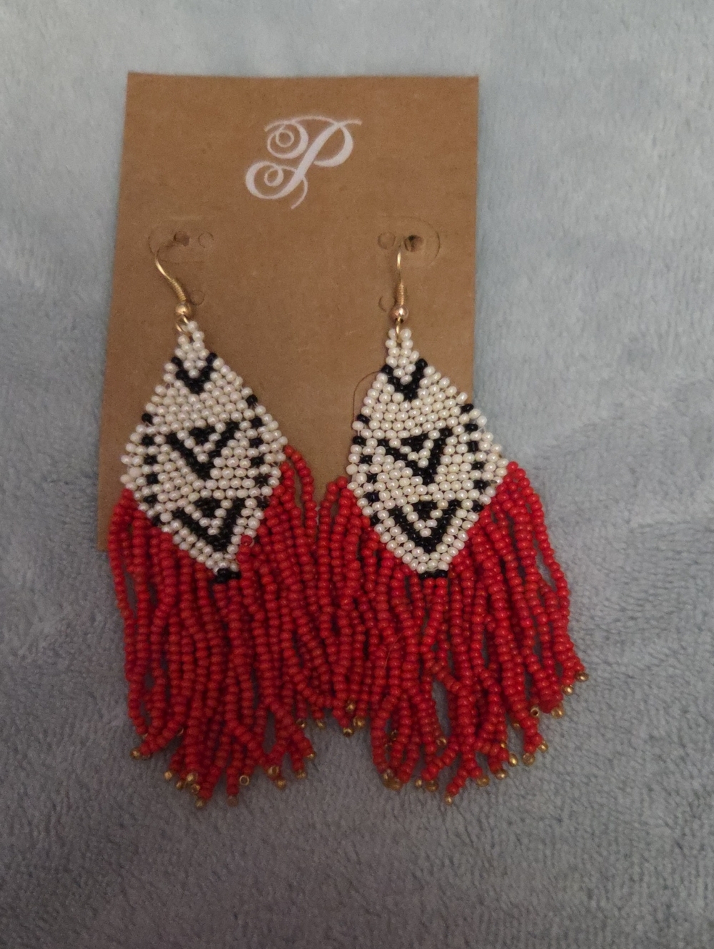 Beaded Fringe Earrings - Red & Ivory attern NWOT